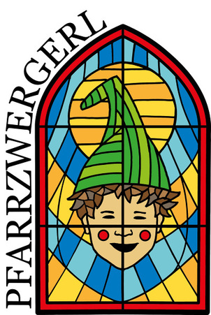 Logo der Pfarrzwergerl, ein lachendes Kindergesicht mit Zipfelmütze als Bild in einem Glasfenster